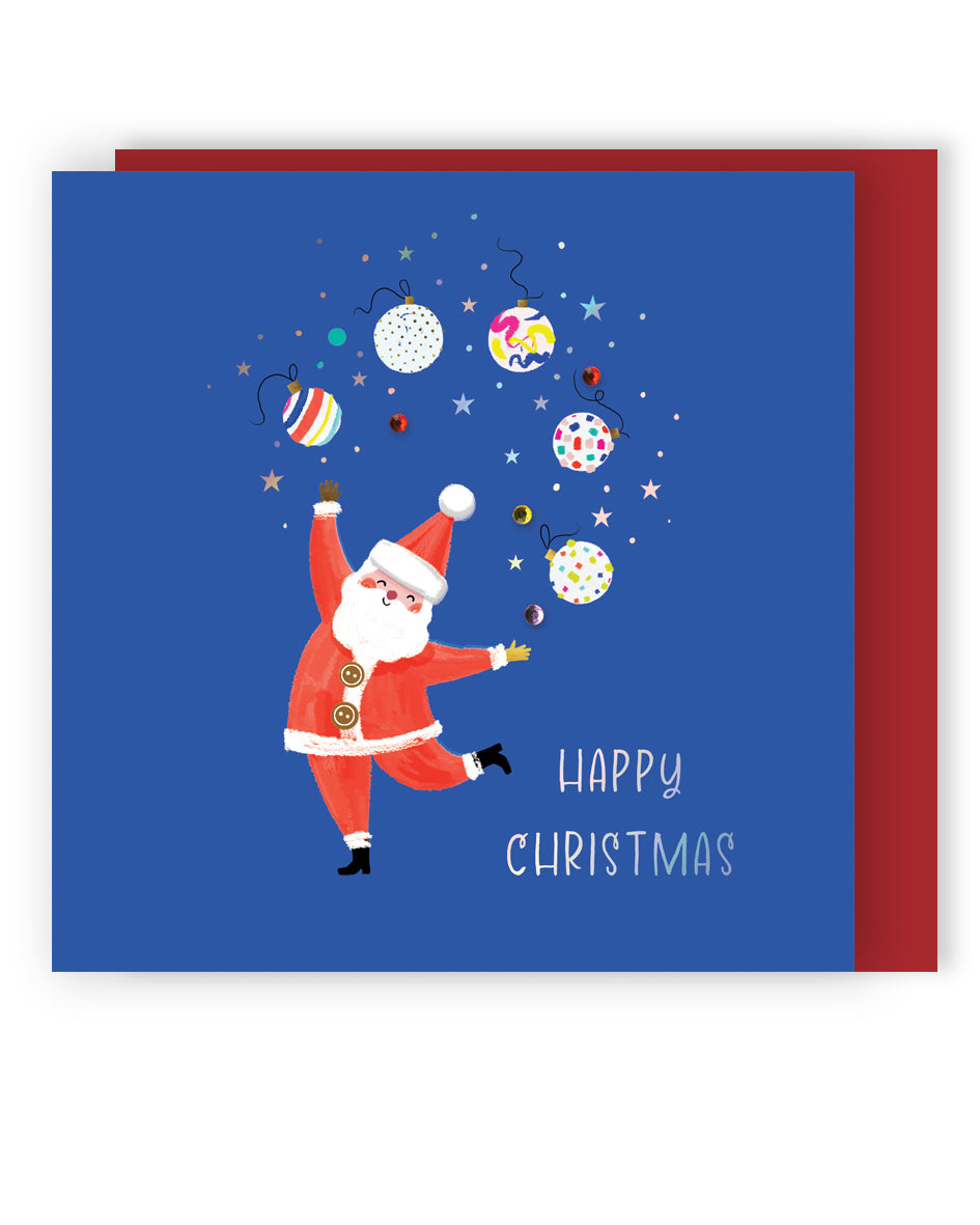 Sparkle Santa Juggling Baubles Embellished Hand-Finished Christmas Greeting Card