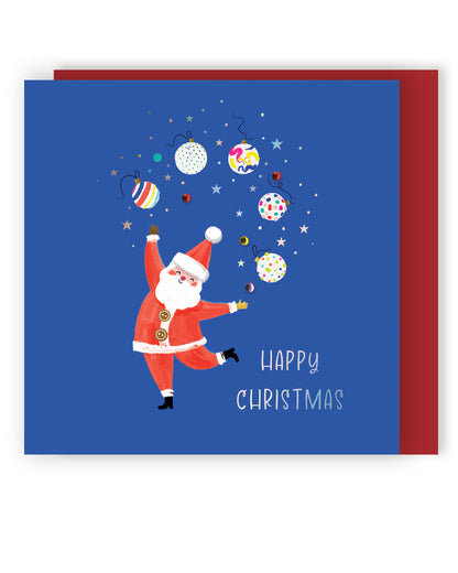 Sparkle Santa Juggling Baubles Embellished Hand-Finished Christmas Greeting Card