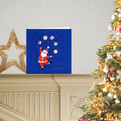 Sparkle Santa Juggling Baubles Embellished Hand-Finished Christmas Greeting Card