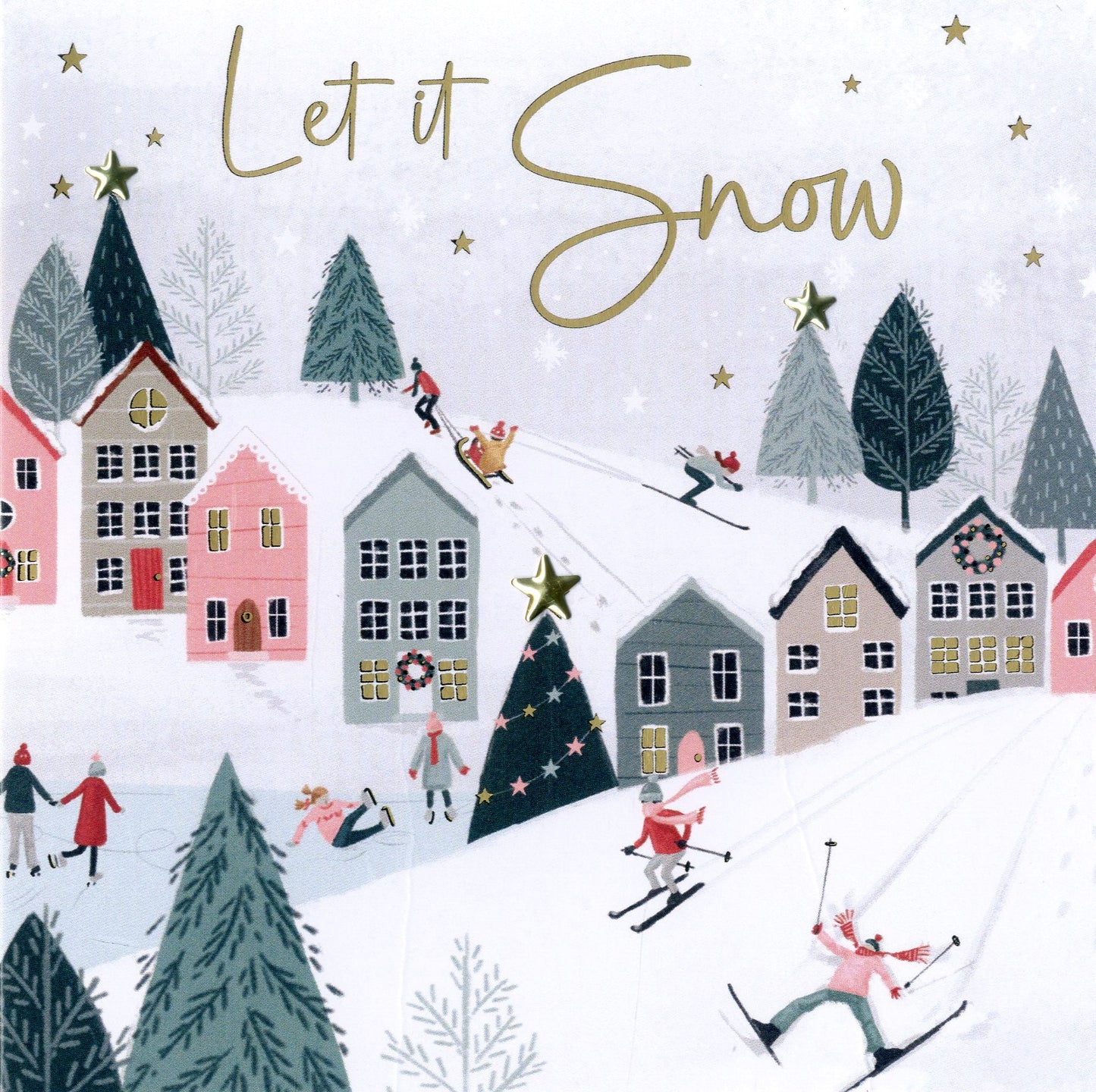 Sparkle Winter Village Skiers Embellished Hand-Finished Christmas Greeting Card