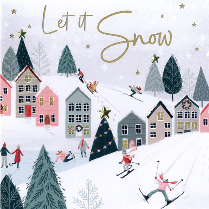 Sparkle Winter Village Skiers Embellished Hand-Finished Christmas Greeting Card