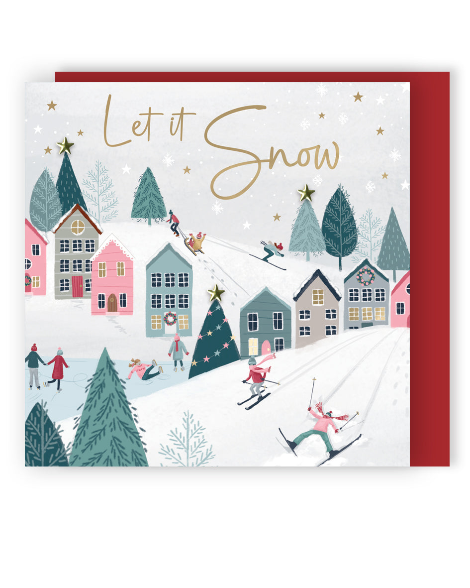 Sparkle Winter Village Skiers Embellished Hand-Finished Christmas Greeting Card