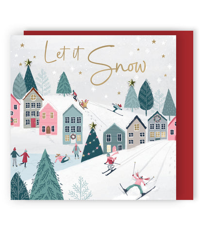 Sparkle Winter Village Skiers Embellished Hand-Finished Christmas Greeting Card