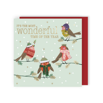 Luxury Christmas Cards Box of 6 Hand-Finished Joyful Robins Sparkle Xmas Cards