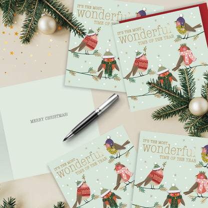 Luxury Christmas Cards Box of 6 Hand-Finished Joyful Robins Sparkle Xmas Cards