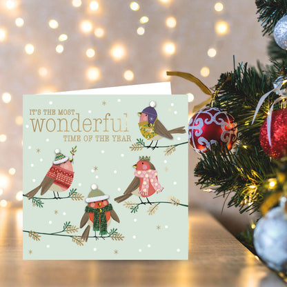 Luxury Christmas Cards Box of 6 Hand-Finished Joyful Robins Sparkle Xmas Cards