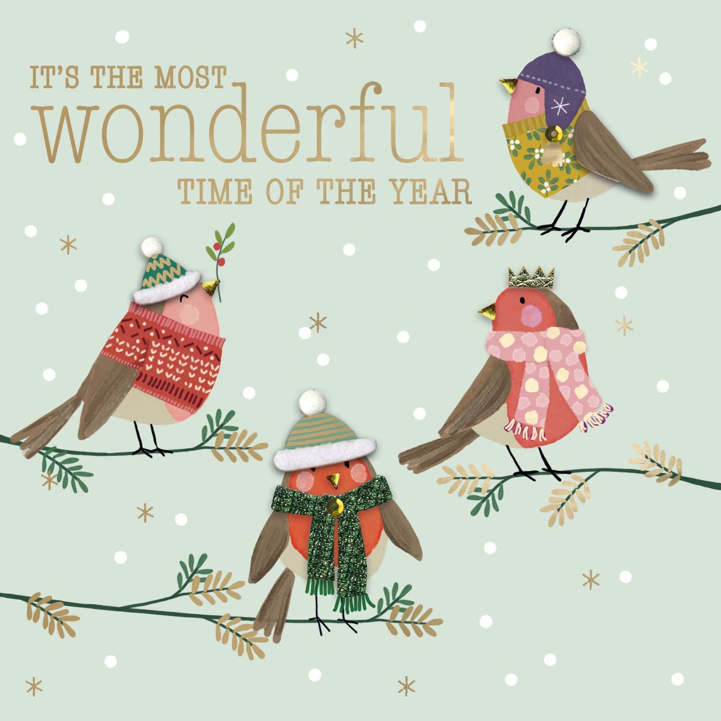 Individual Hand-Finished Christmas Card Embellished Joyful Robins Design
