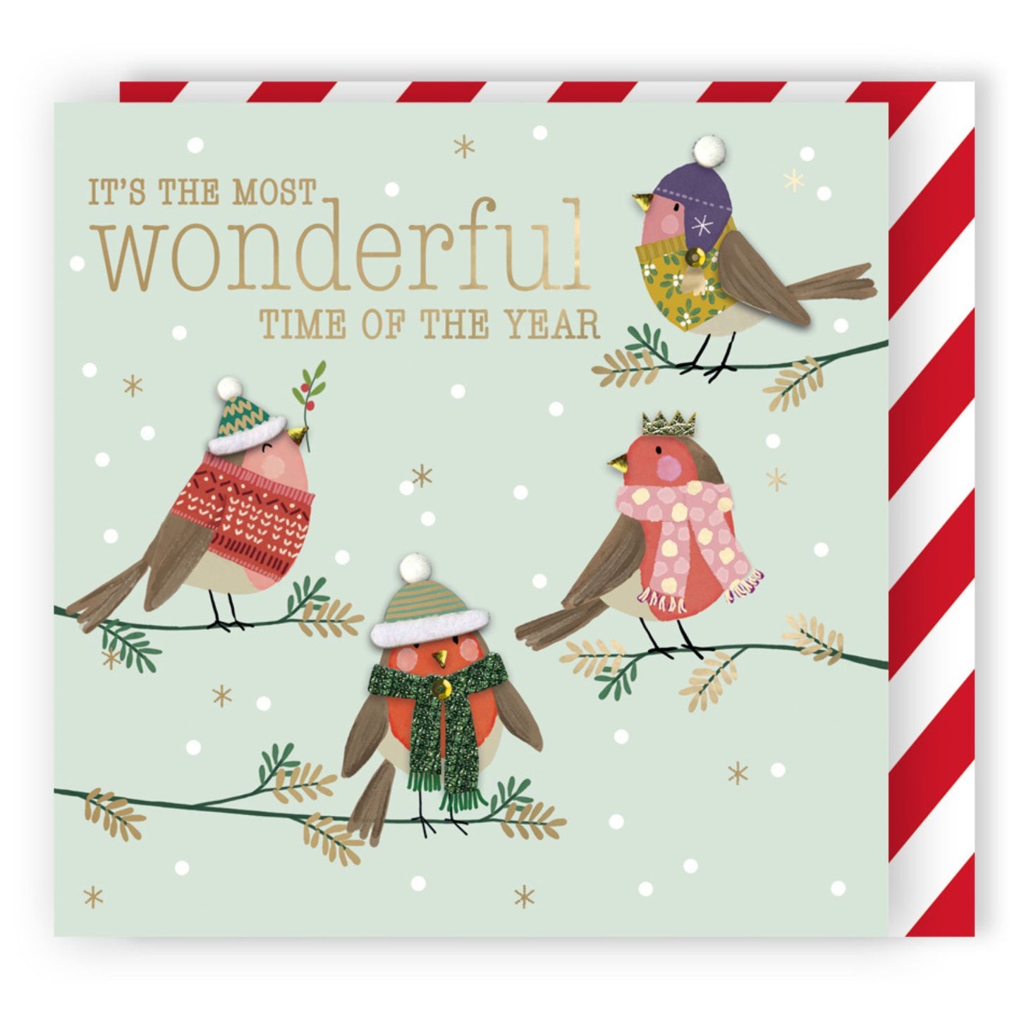 Individual Hand-Finished Christmas Card Embellished Joyful Robins Design