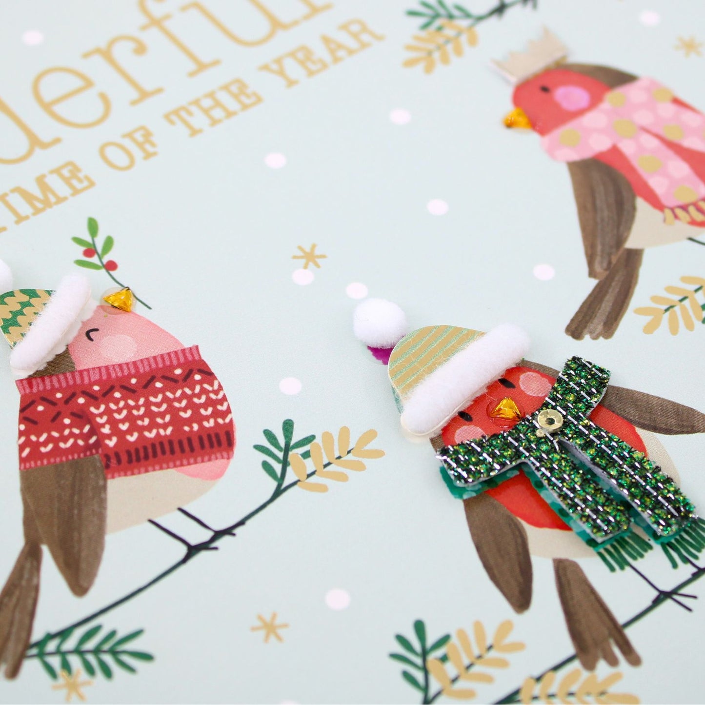 Individual Hand-Finished Christmas Card Embellished Joyful Robins Design
