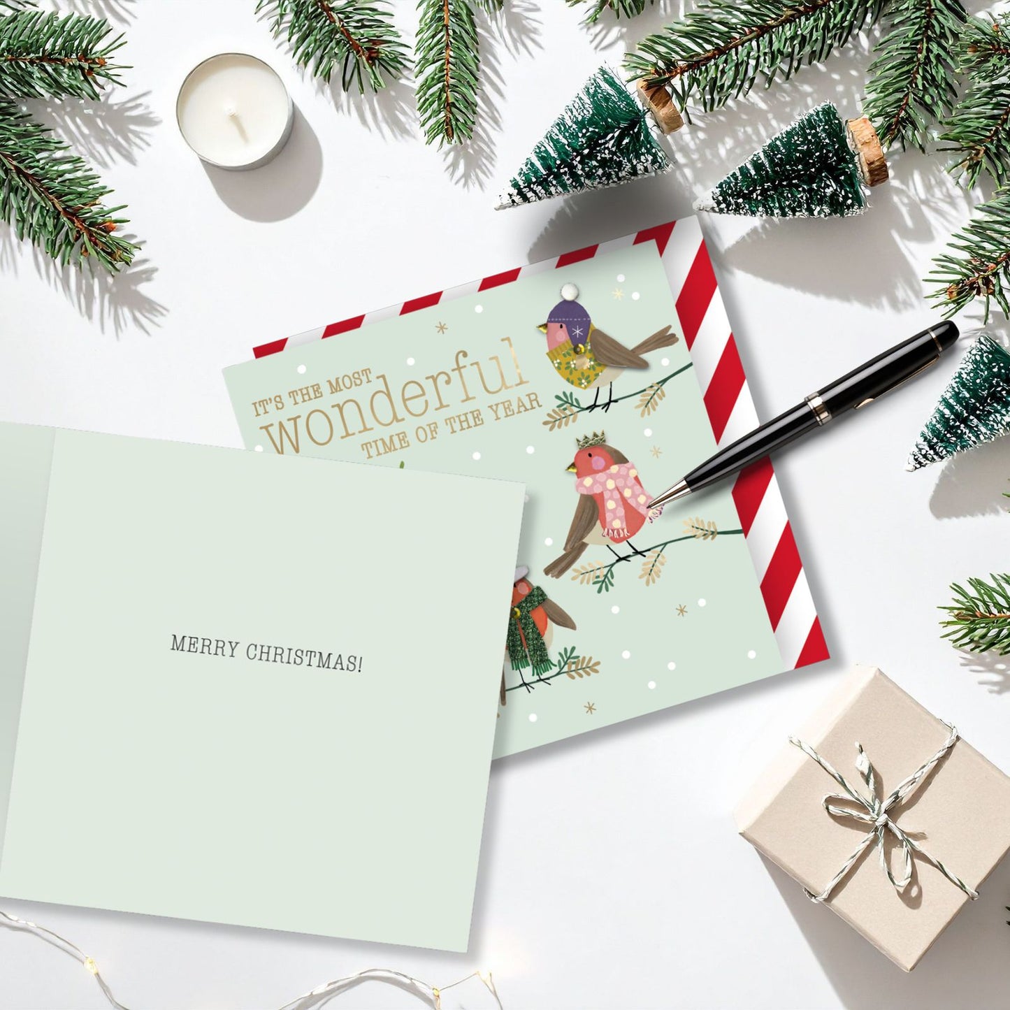 Individual Hand-Finished Christmas Card Embellished Joyful Robins Design
