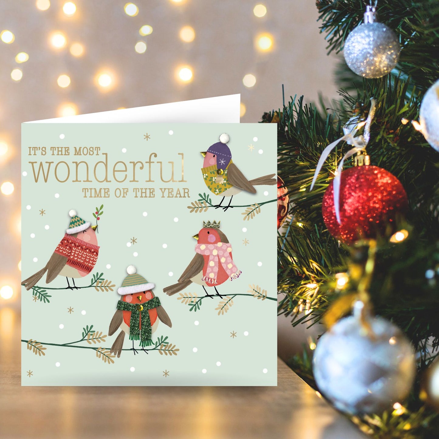 Individual Hand-Finished Christmas Card Embellished Joyful Robins Design