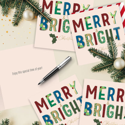 Luxury Christmas Cards Box of 6 Hand-Finished Merry & Bright Sparkle Xmas Cards