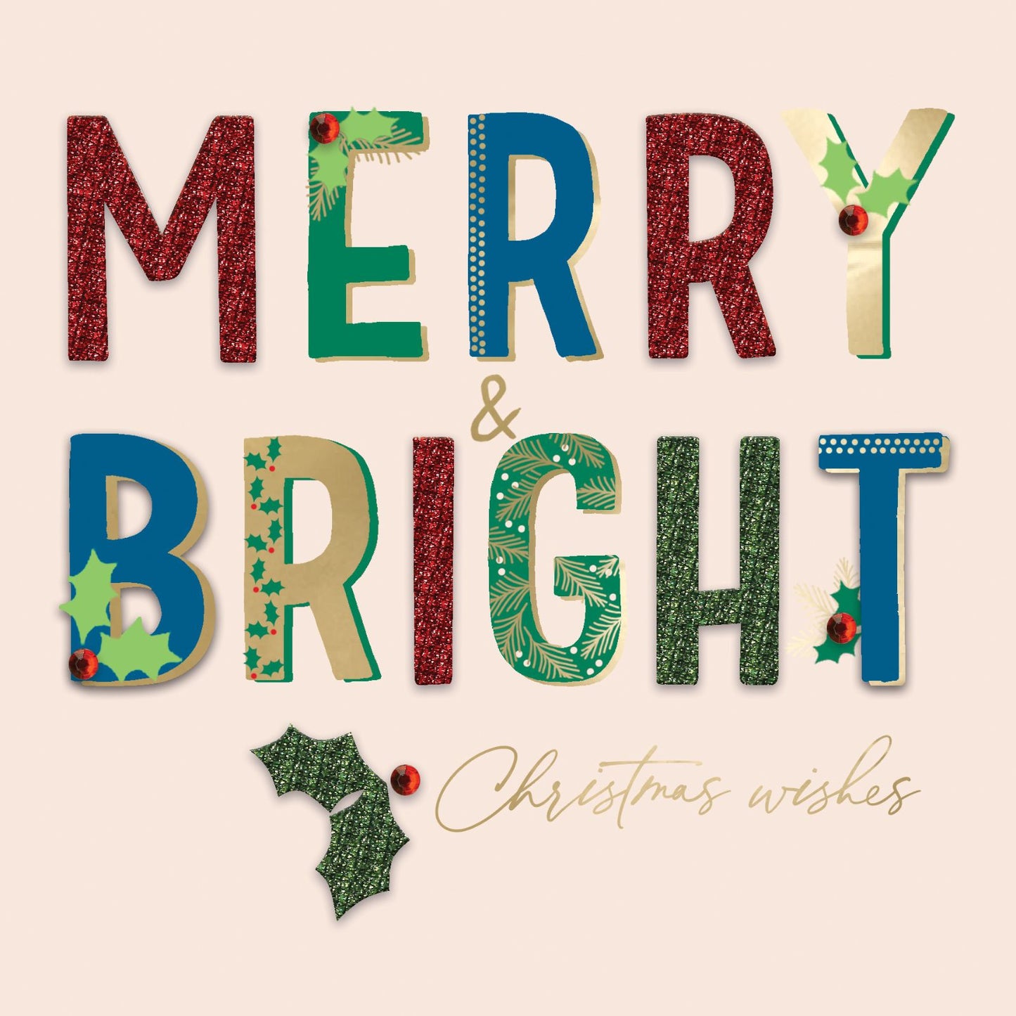 Individual Hand-Finished Christmas Card Embellished Merry & Bright Design