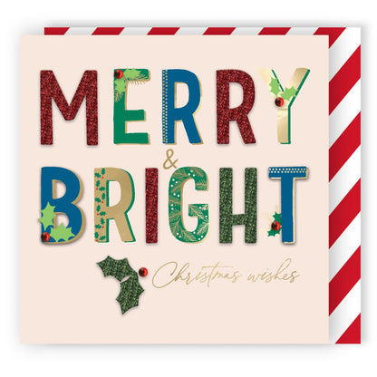Individual Hand-Finished Christmas Card Embellished Merry & Bright Design