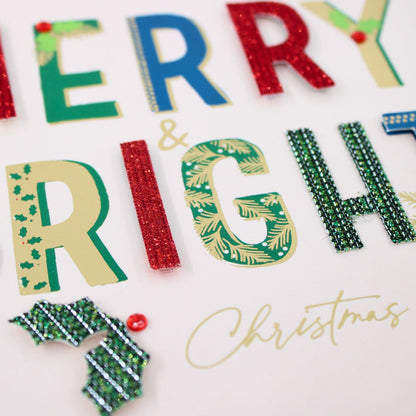Individual Hand-Finished Christmas Card Embellished Merry & Bright Design