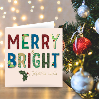 Individual Hand-Finished Christmas Card Embellished Merry & Bright Design