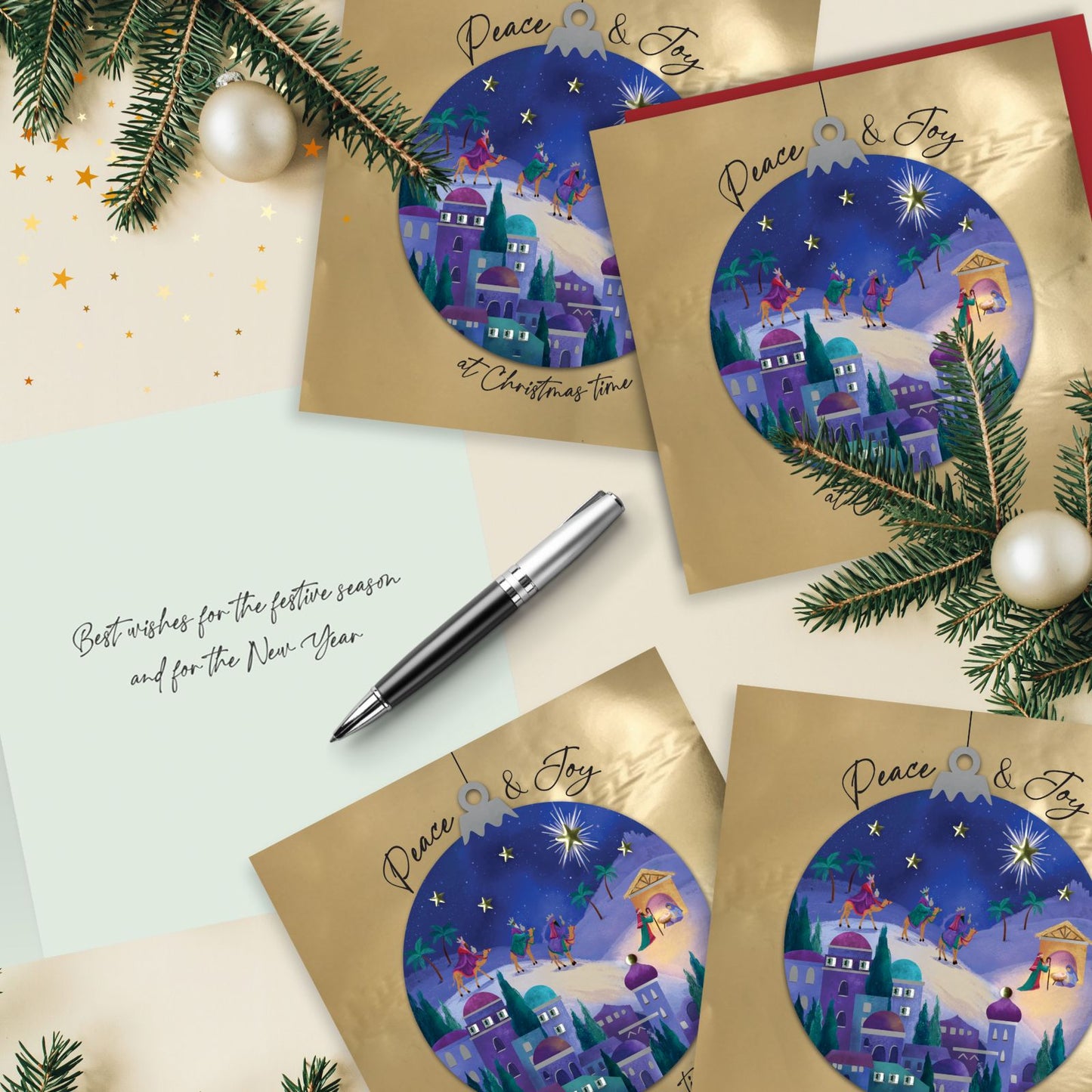 Luxury Christmas Cards Box of 6 Hand-Finished Nativity Bauble Sparkle Xmas Cards