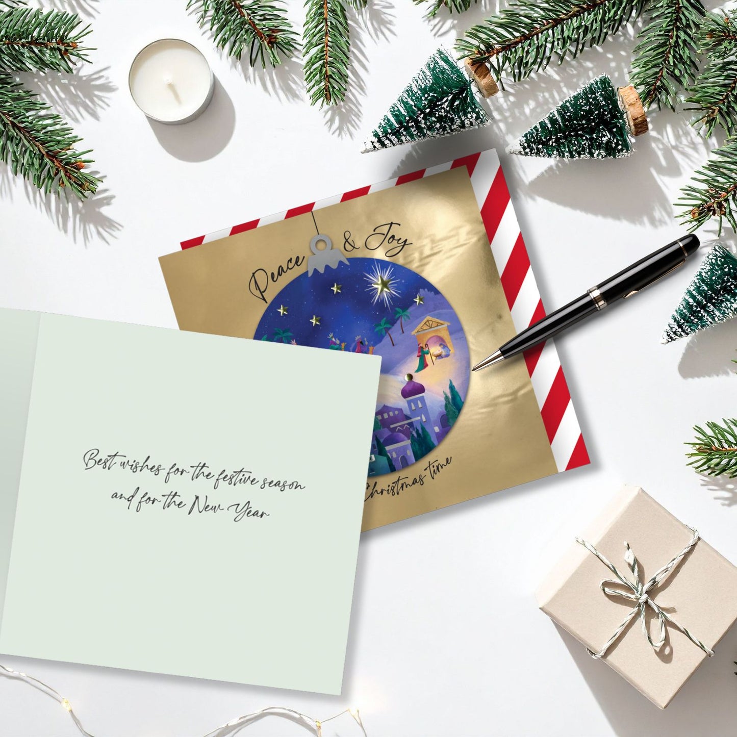 Individual Hand-Finished Christmas Card Embellished Religious Nativity Design
