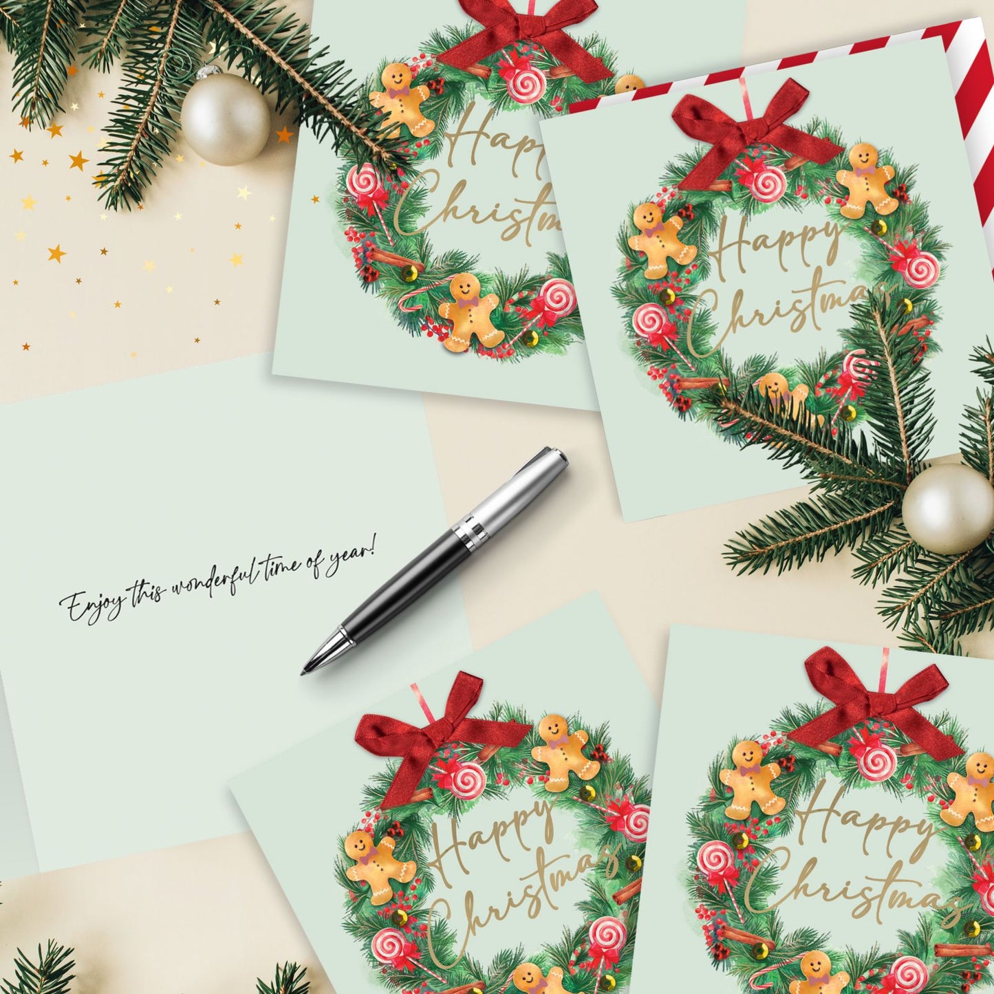 Luxury Christmas Cards Box of 6 Hand-Finished Gingerbread Wreath Xmas Cards