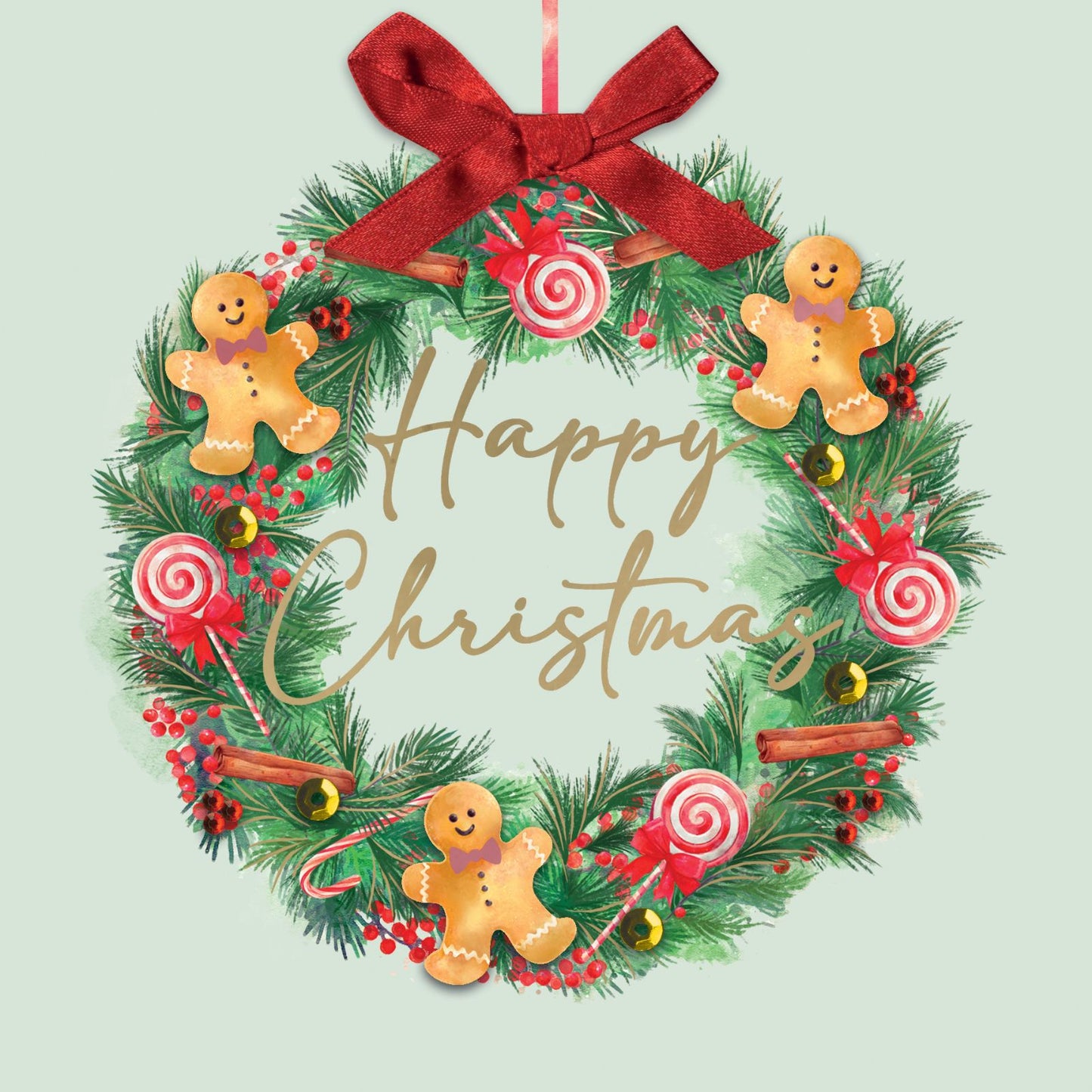 Individual Hand-Finished Christmas Card Embellished Gingerbread Wreath Design