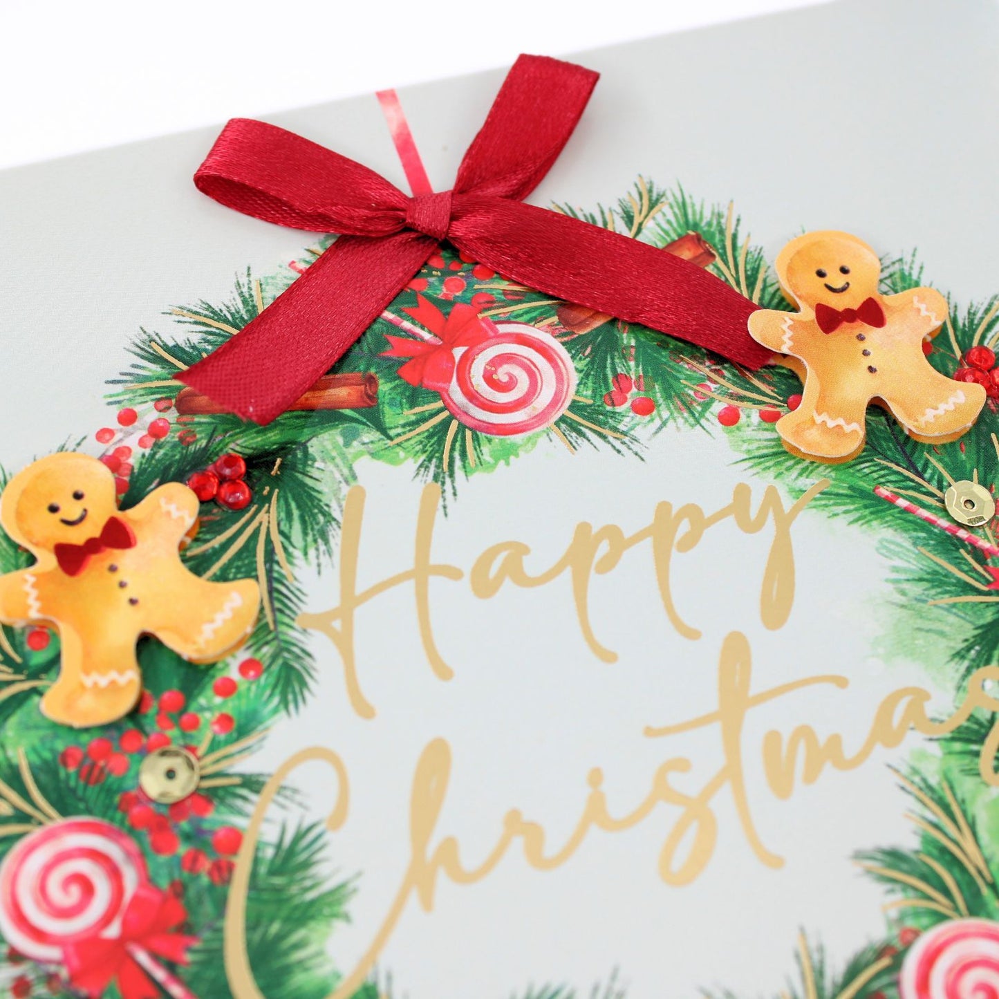Individual Hand-Finished Christmas Card Embellished Gingerbread Wreath Design