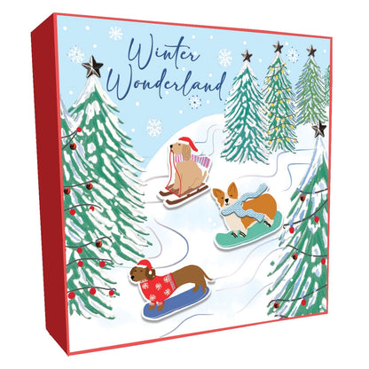 Box Of 4 Luxury Christmas Cards Snowboarding Dogs Hand-Finished Sparkle Range