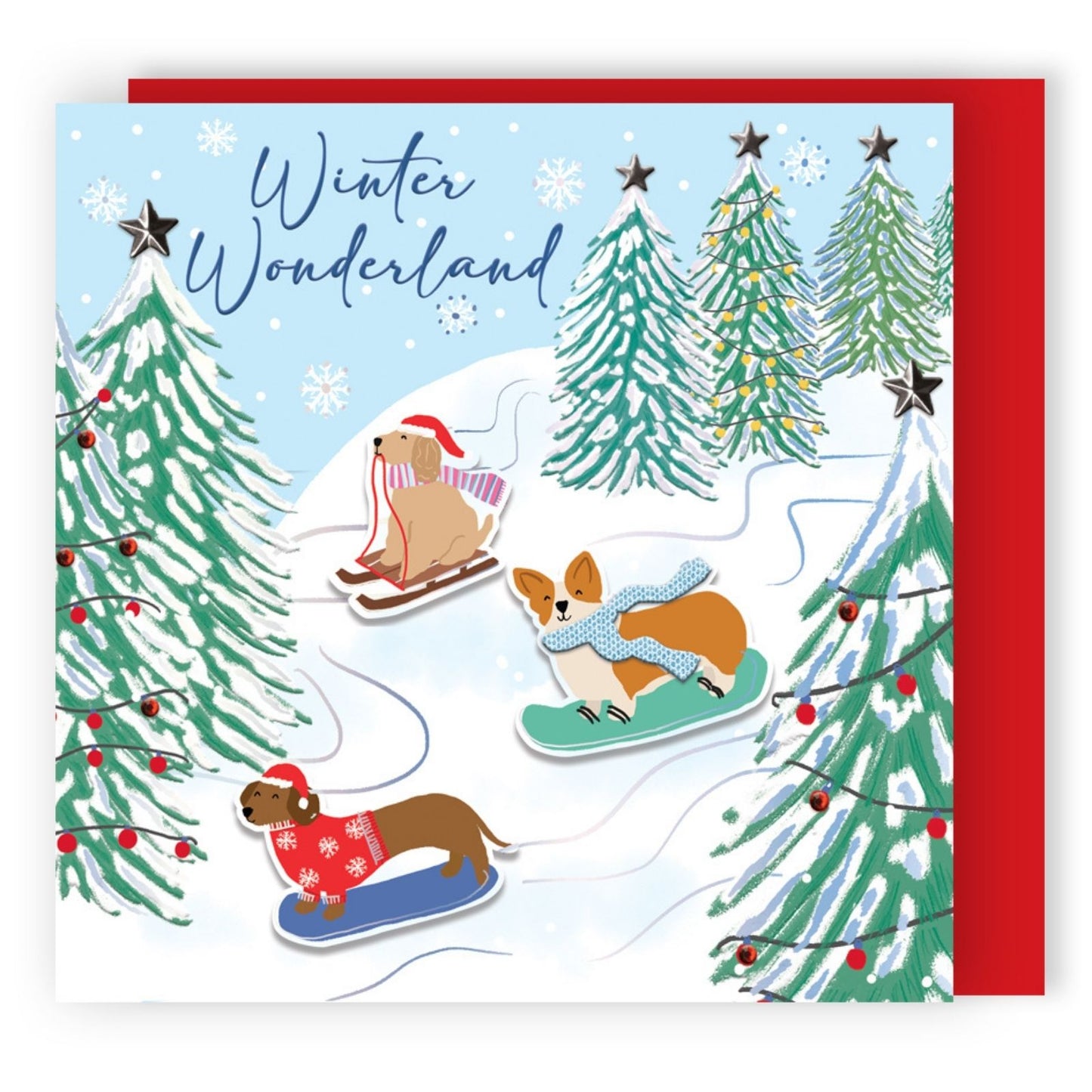 Box Of 4 Luxury Christmas Cards Snowboarding Dogs Hand-Finished Sparkle Range