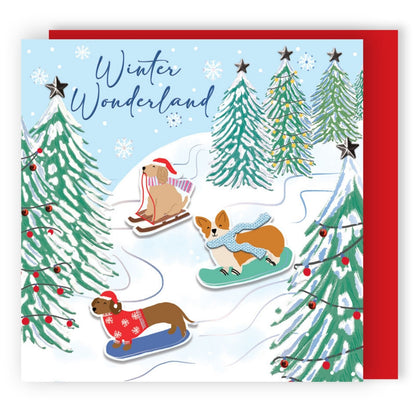 Box Of 4 Luxury Christmas Cards Snowboarding Dogs Hand-Finished Sparkle Range
