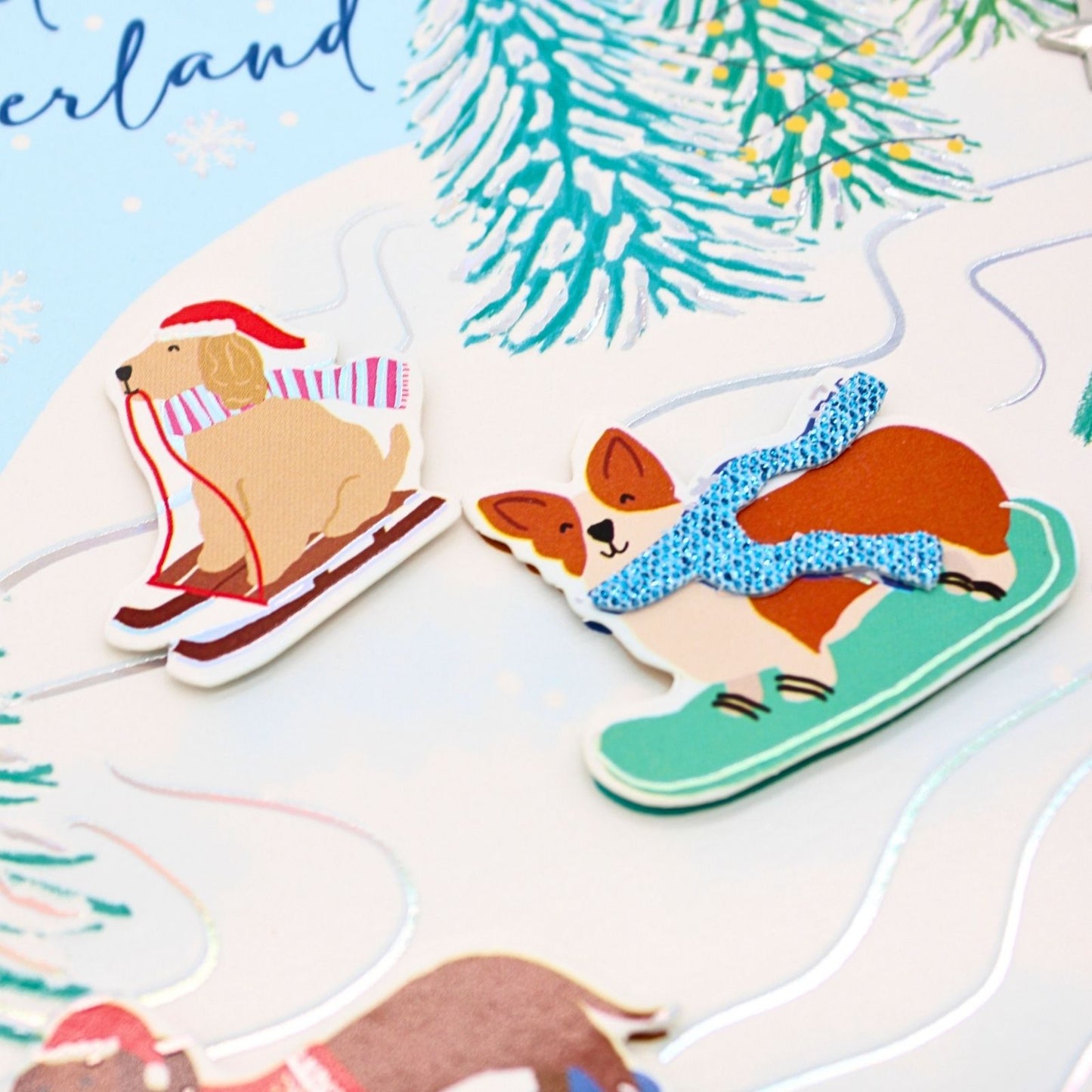 Box Of 4 Luxury Christmas Cards Snowboarding Dogs Hand-Finished Sparkle Range
