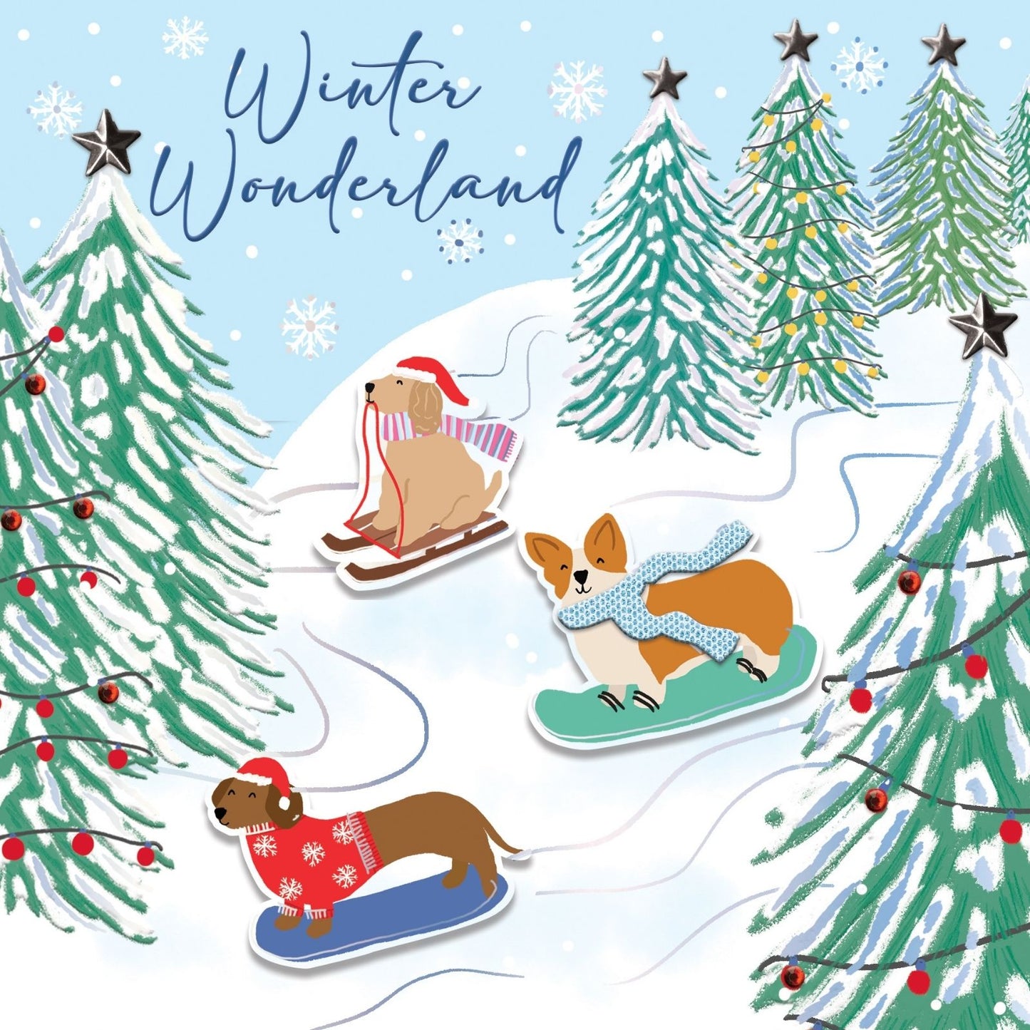Box Of 4 Luxury Christmas Cards Snowboarding Dogs Hand-Finished Sparkle Range