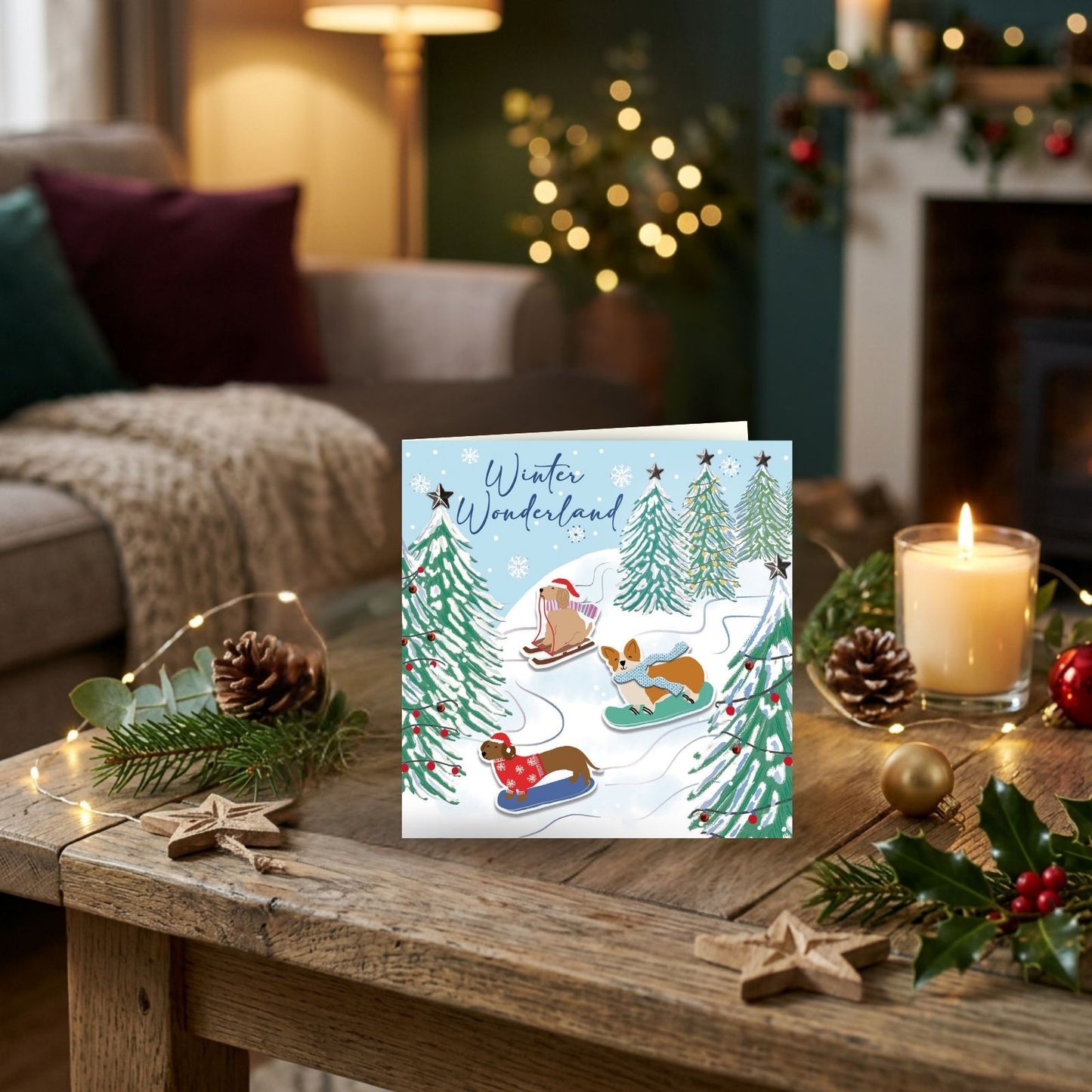 Hand-Finished Christmas Card Snowboarding Dogs Luxury Sparkle Range