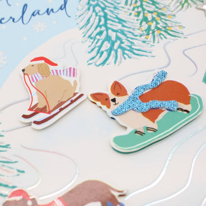 Hand-Finished Christmas Card Snowboarding Dogs Luxury Sparkle Range