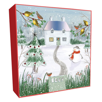 Box Of 4 Luxury Christmas Cards House & Snowman Hand-Finished Sparkle Range