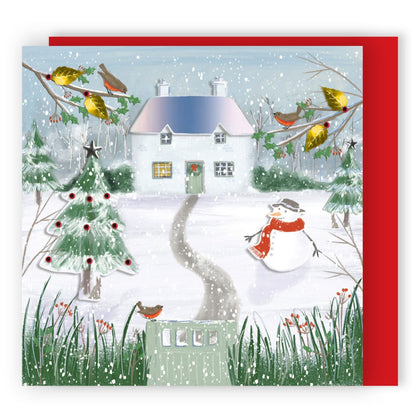 Box Of 4 Luxury Christmas Cards House & Snowman Hand-Finished Sparkle Range