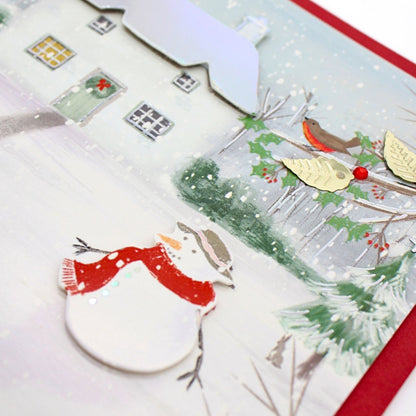 Box Of 4 Luxury Christmas Cards House & Snowman Hand-Finished Sparkle Range
