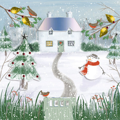 Box Of 4 Luxury Christmas Cards House & Snowman Hand-Finished Sparkle Range