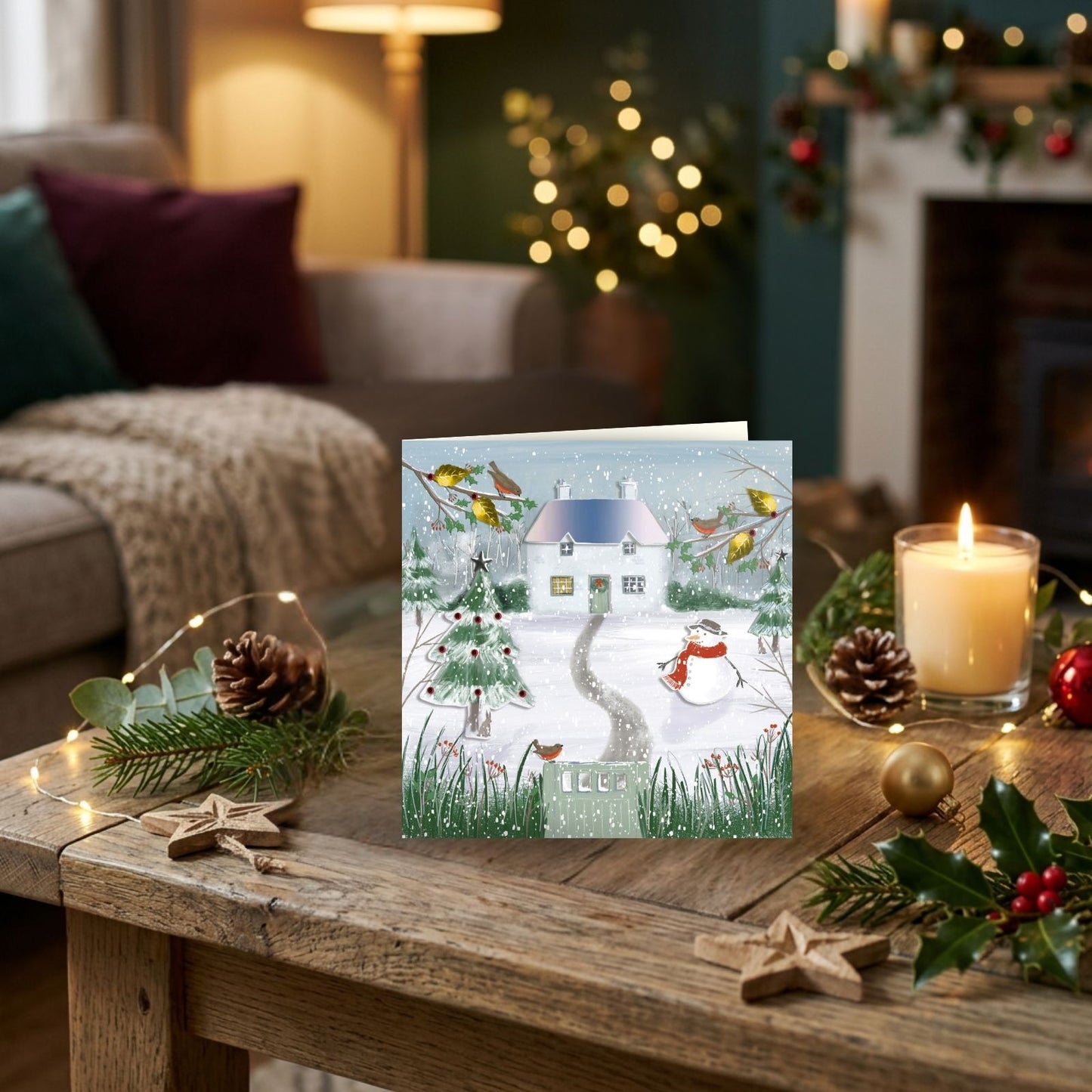 Hand-Finished Christmas Card Snowy House & Snowman Luxury Sparkle Range