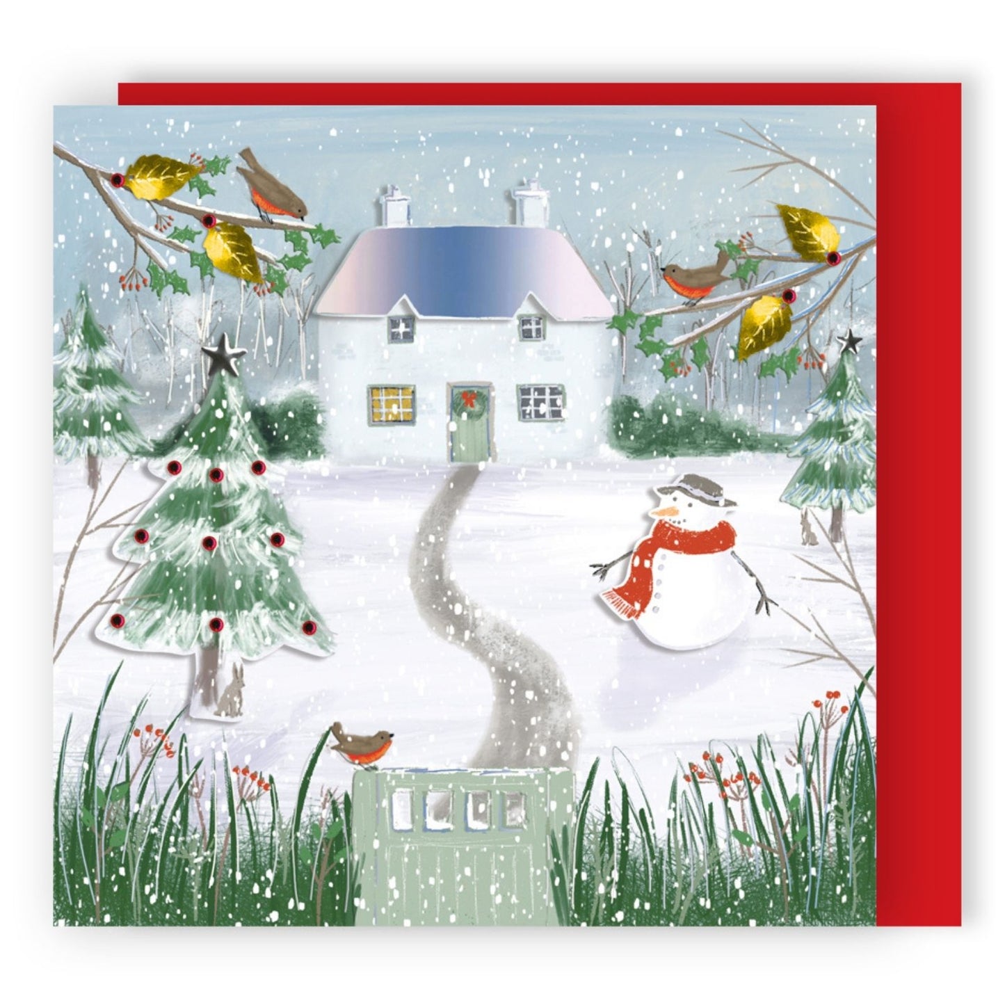 Hand-Finished Christmas Card Snowy House & Snowman Luxury Sparkle Range
