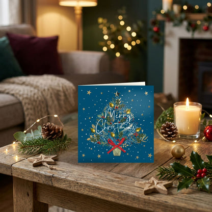 Box Of 4 Luxury Christmas Cards Festive Xmas Tree Hand-Finished Sparkle Range