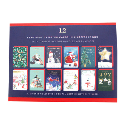 Assorted Christmas Card Box of 12 Festive Xmas Cards In Keepsake Envelope Box