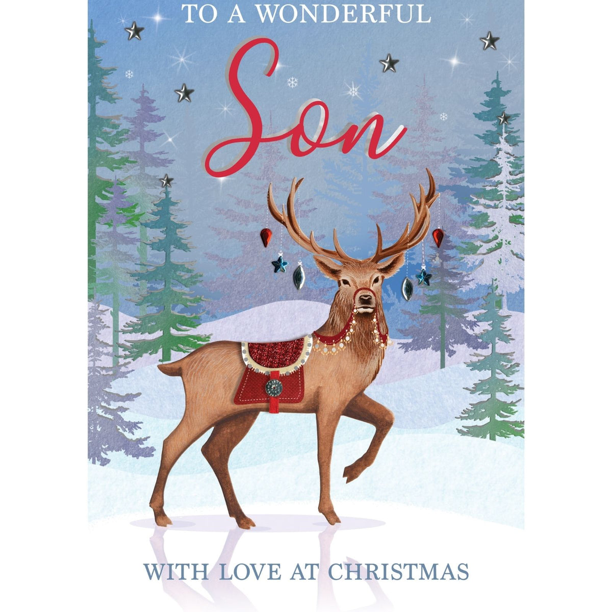 Son Christmas Card Large Magnifique Hand-Finished Embellished Reindeer Design