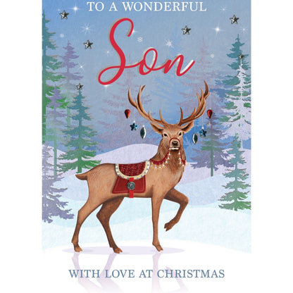 Son Christmas Card Large Magnifique Hand-Finished Embellished Reindeer Design