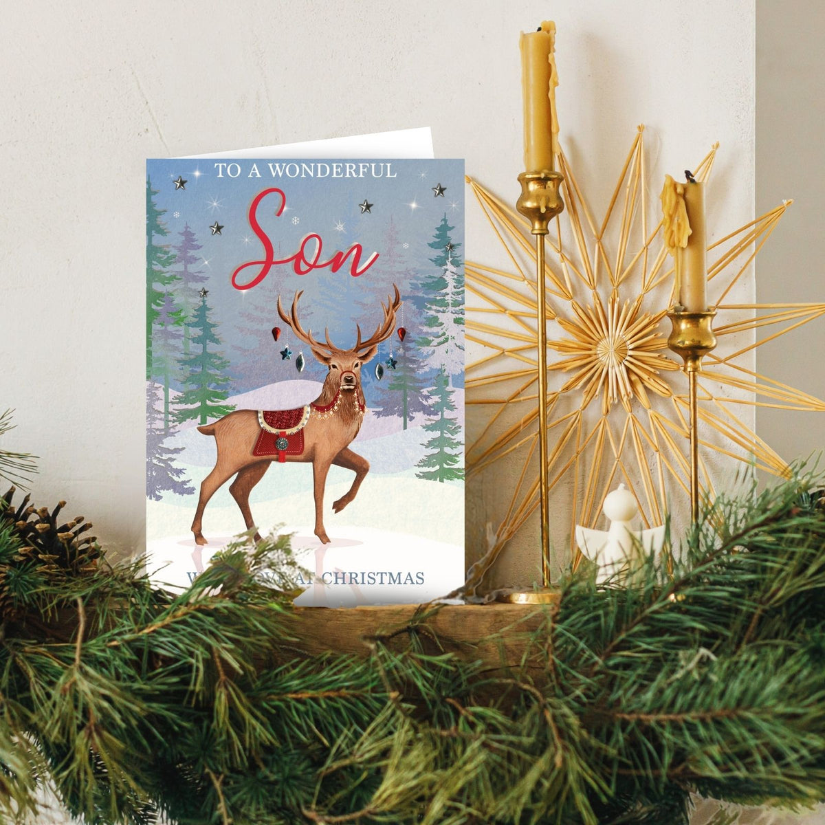 Son Christmas Card Large Magnifique Hand-Finished Embellished Reindeer Design