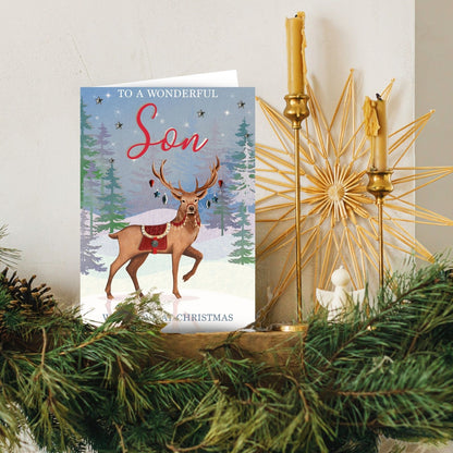Son Christmas Card Large Magnifique Hand-Finished Embellished Reindeer Design
