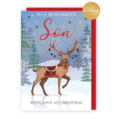 Son Christmas Card Large Magnifique Hand-Finished Embellished Reindeer Design