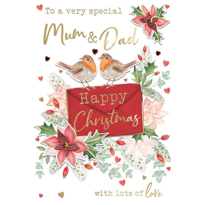 Mum & Dad Christmas Card Large Magnifique Hand-Finished Embellished Robin Design