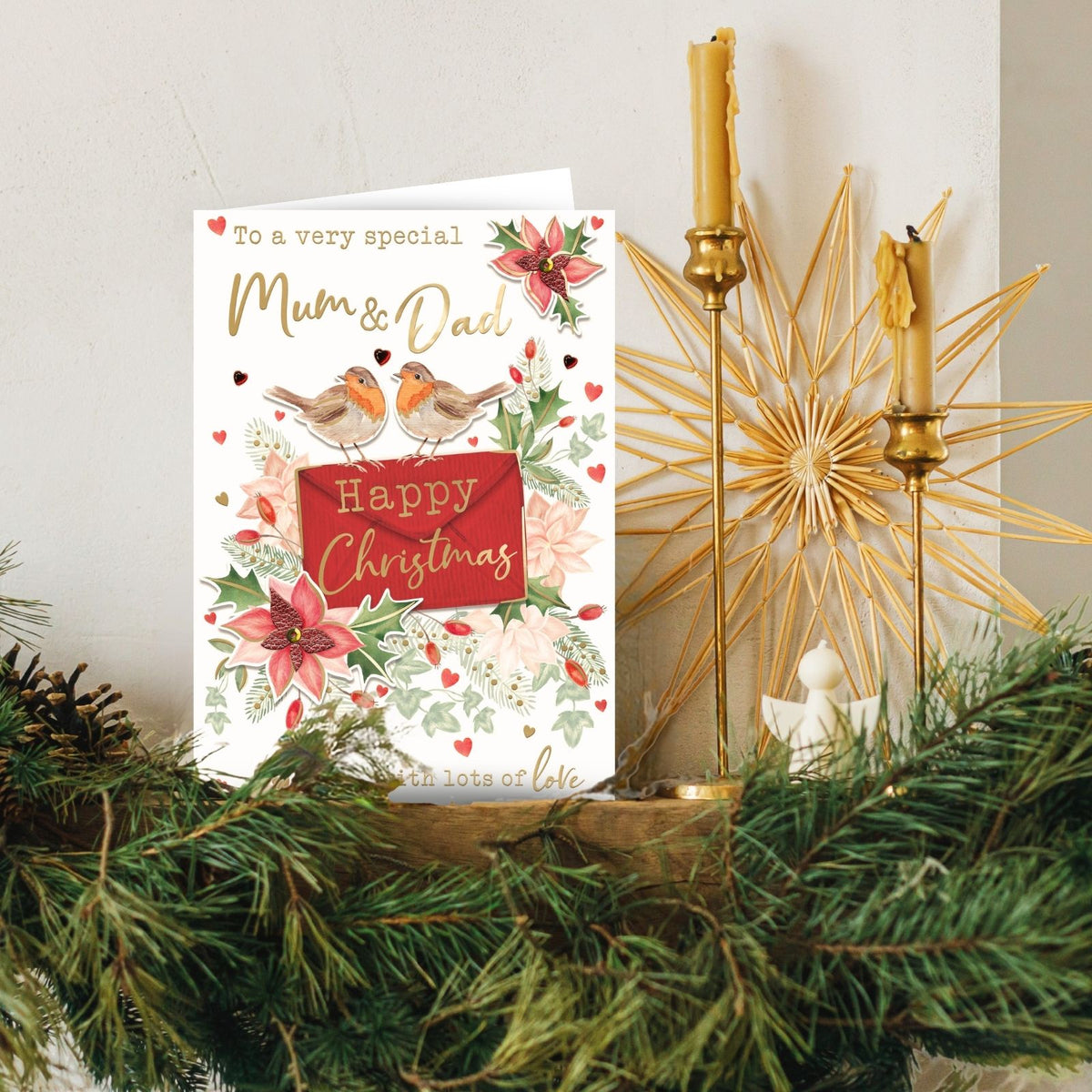 Mum & Dad Christmas Card Large Magnifique Hand-Finished Embellished Robin Design