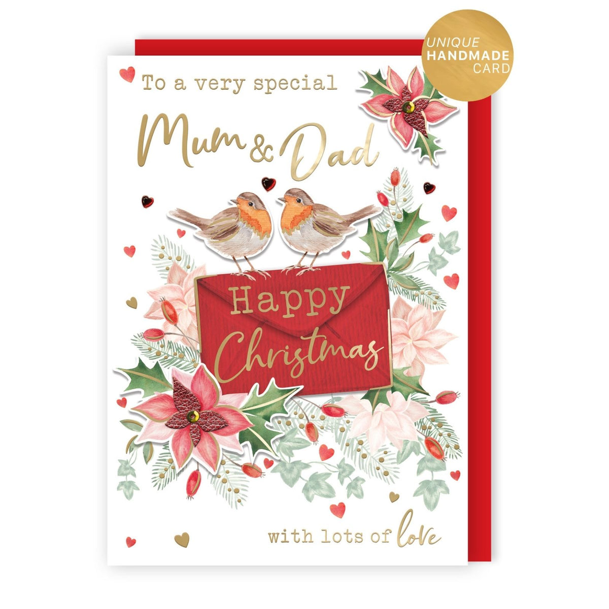 Mum & Dad Christmas Card Large Magnifique Hand-Finished Embellished Robin Design