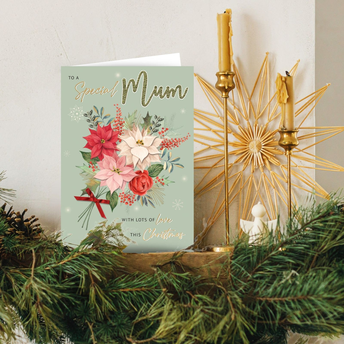 Mum Christmas Card Large Magnifique Hand-Finished Embellished Poinsettia Design