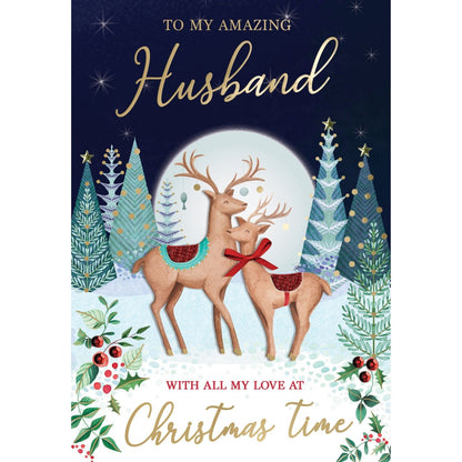 Husband Christmas Card Large Magnifique Hand-Finished Embellished Deer Design